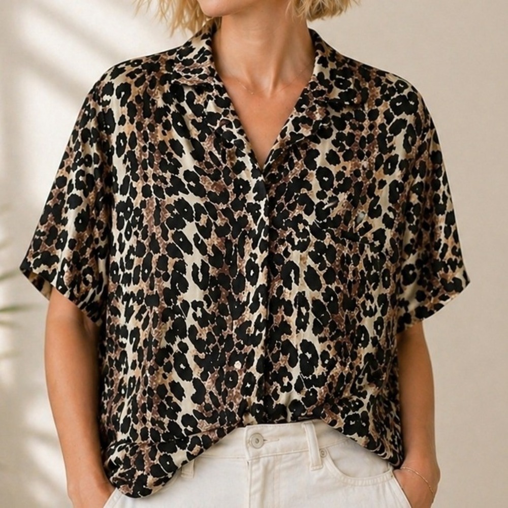 Quo-Silk Leopard Print Shirt Womens Large Brown 100% Silk Summer Short Sleeve